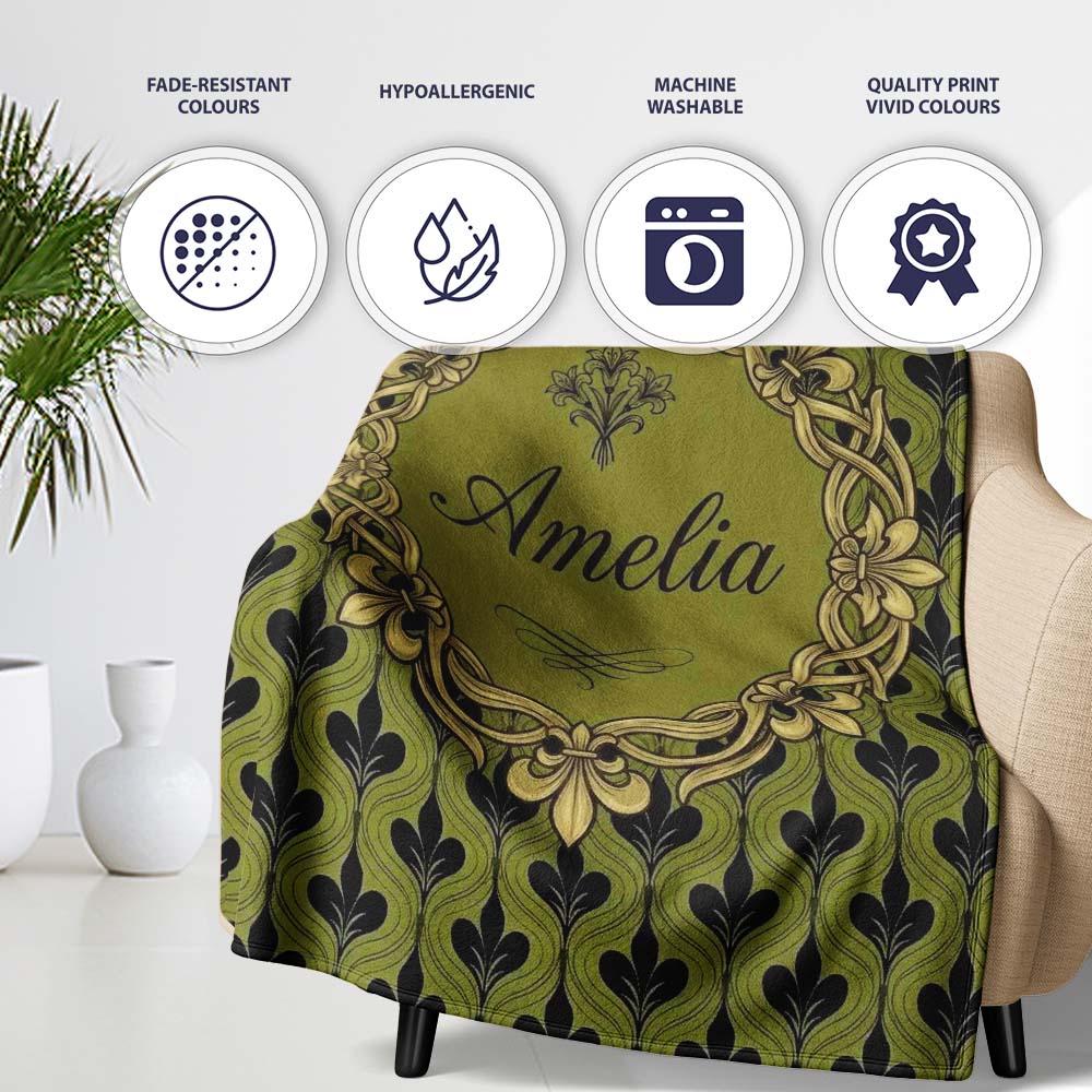 Mid Century Modern Green Leaf Geometric Seamless Pattern Botanical Personalised Custom Name Super Soft Fleece Blanket Bed Sofa Throw