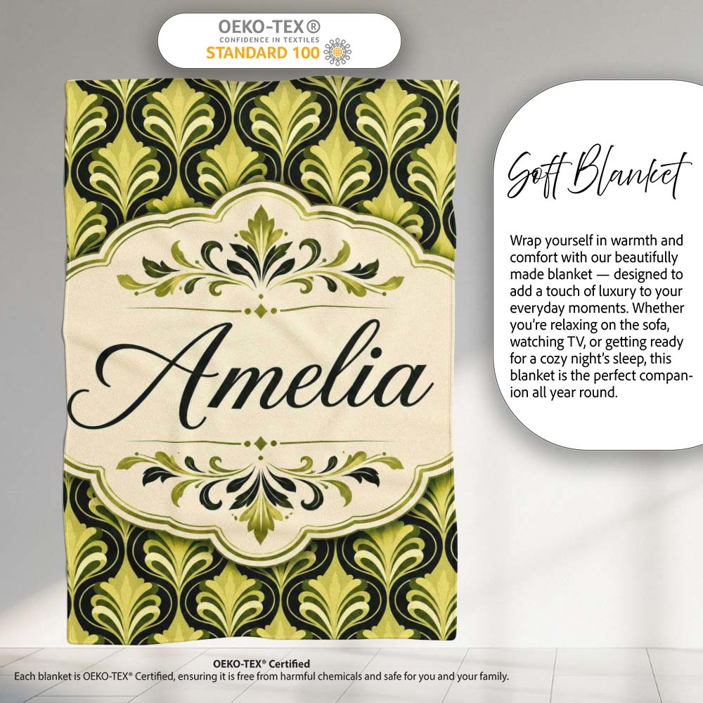 Art Nouveau Inspired Green Ornamental Leaf Seamless Pattern Vintage Personalised Custom Name Super Soft Fleece Blanket Bed Sofa Throw