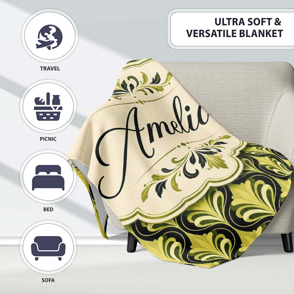 Art Nouveau Inspired Green Ornamental Leaf Seamless Pattern Vintage Personalised Custom Name Super Soft Fleece Blanket Bed Sofa Throw
