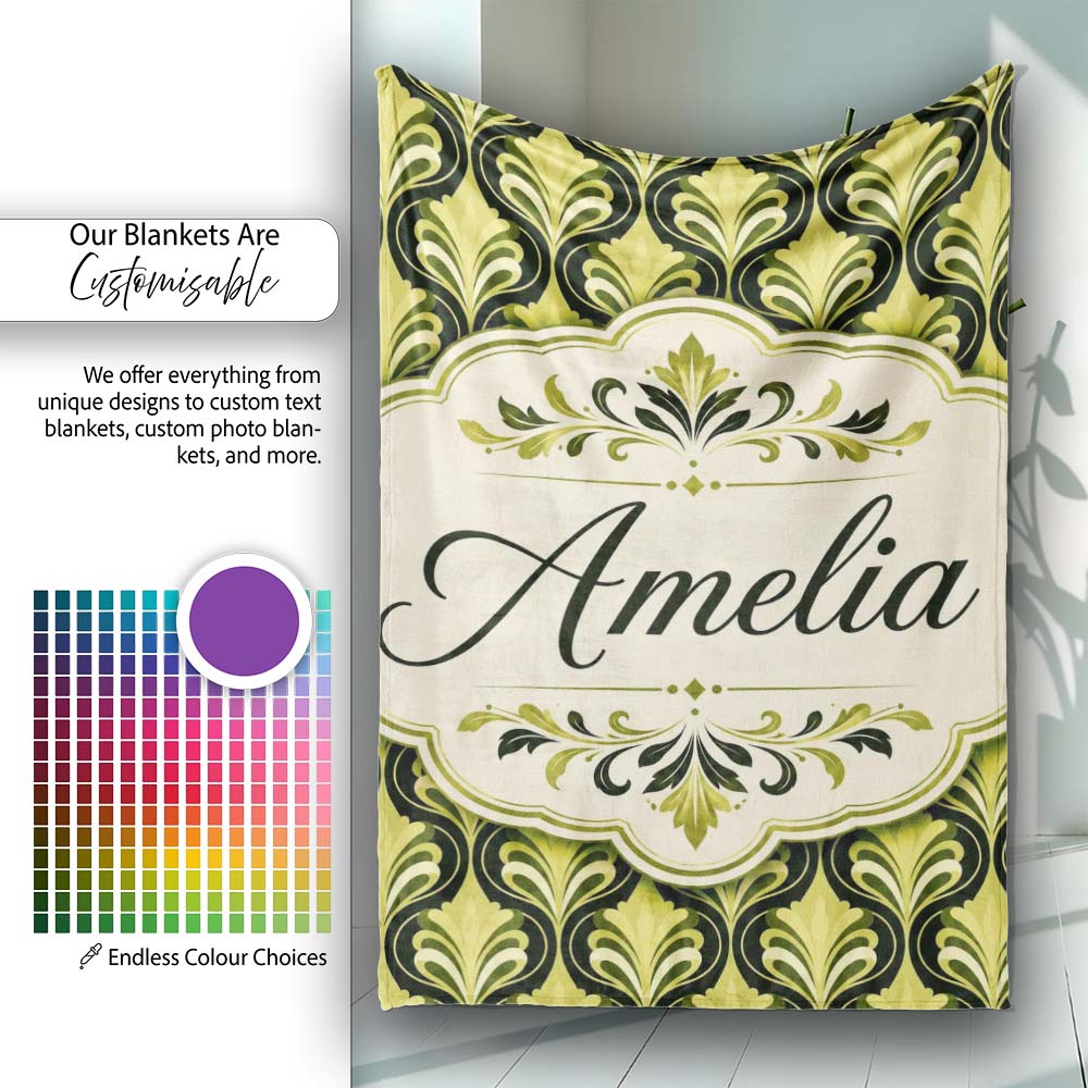 Art Nouveau Inspired Green Ornamental Leaf Seamless Pattern Vintage Personalised Custom Name Super Soft Fleece Blanket Bed Sofa Throw