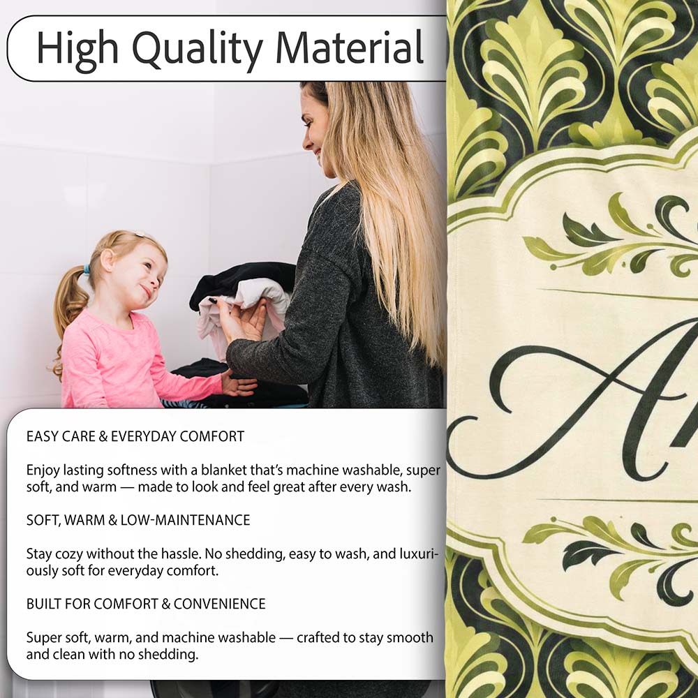 Art Nouveau Inspired Green Ornamental Leaf Seamless Pattern Vintage Personalised Custom Name Super Soft Fleece Blanket Bed Sofa Throw
