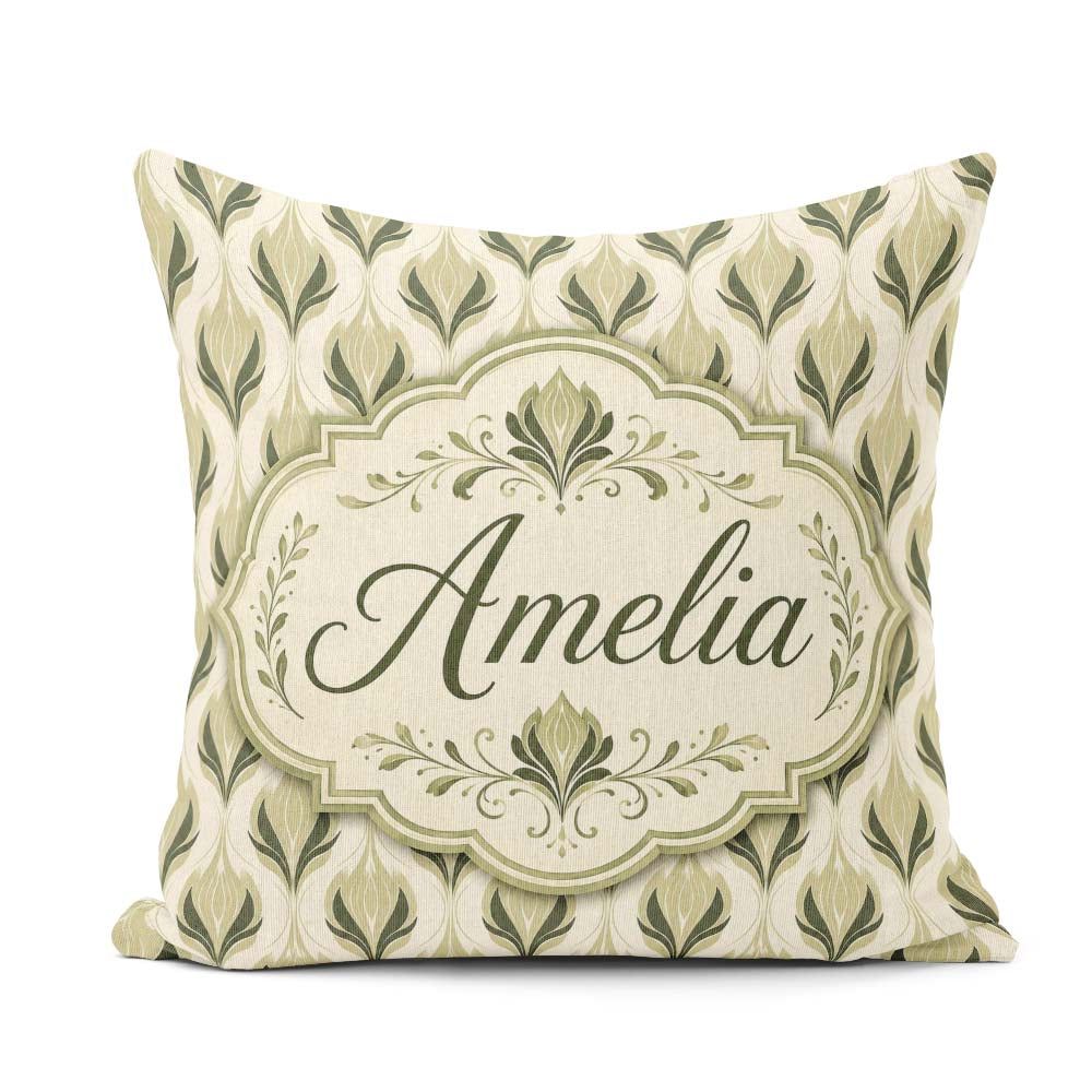 Custom Name Soft Sage Green Floral Damask Seamless Pattern Light Square Filled Cushion Throw Pillow Sofa Bed Home Decor Zip Washable UK Made