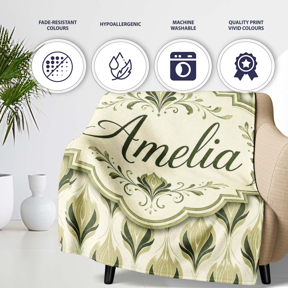 Soft Sage Green Floral Damask Seamless Pattern on Light Background Personalised Custom Name Super Soft Fleece Blanket Bed Sofa Throw