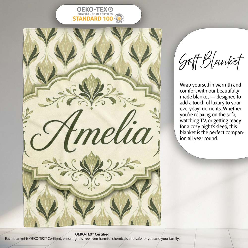 Soft Sage Green Floral Damask Seamless Pattern on Light Background Personalised Custom Name Super Soft Fleece Blanket Bed Sofa Throw