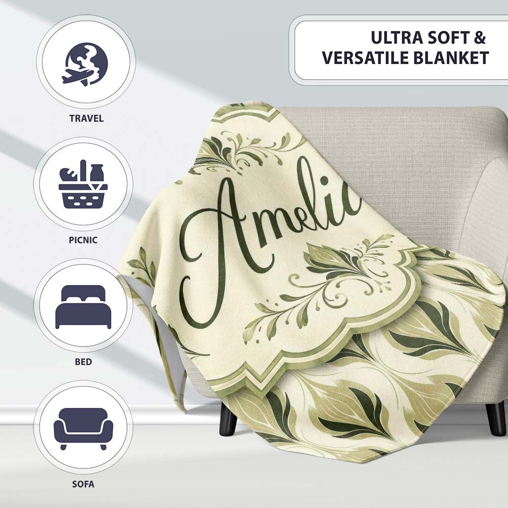 Soft Sage Green Floral Damask Seamless Pattern on Light Background Personalised Custom Name Super Soft Fleece Blanket Bed Sofa Throw