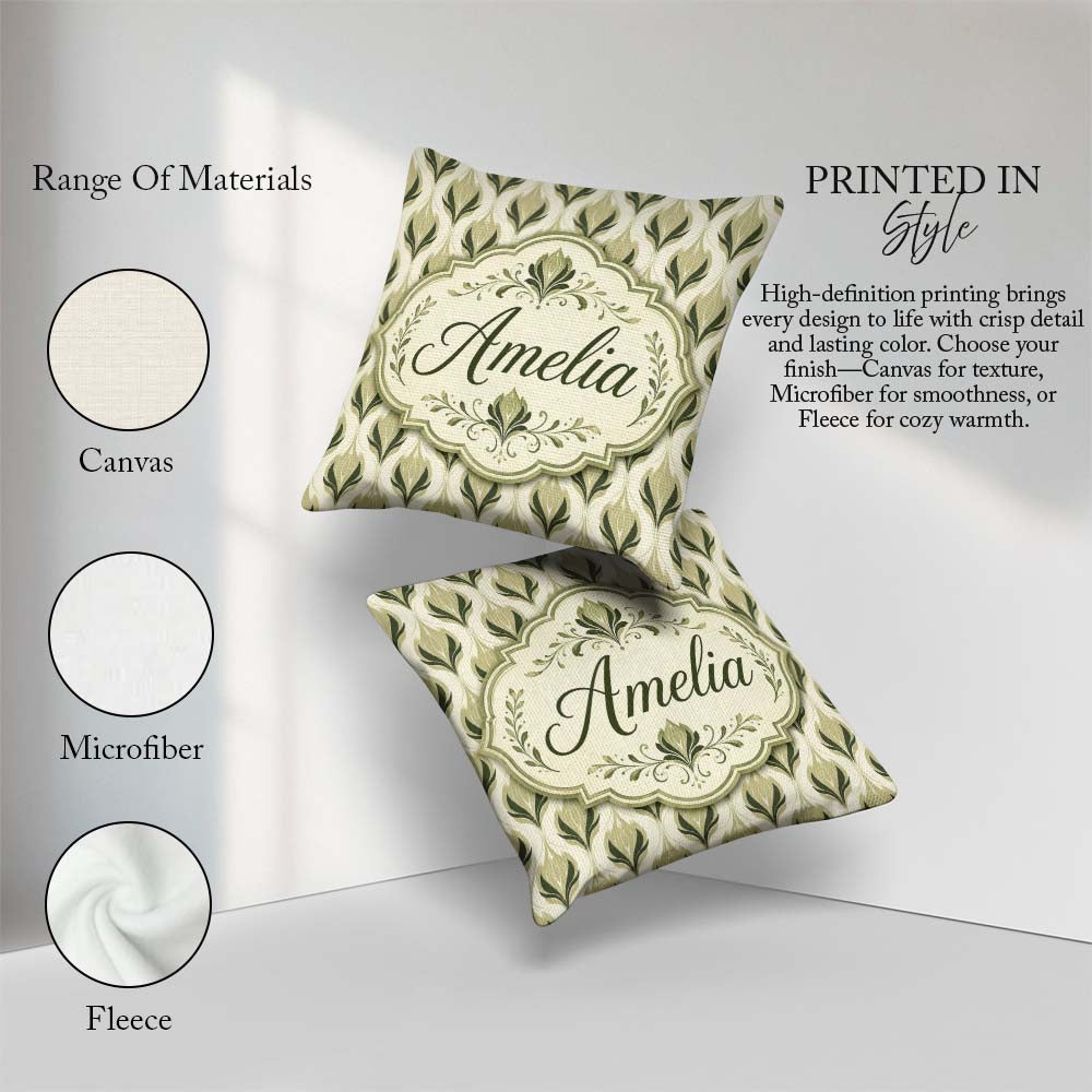 Custom Name Soft Sage Green Floral Damask Seamless Pattern Light Square Filled Cushion Throw Pillow Sofa Bed Home Decor Zip Washable UK Made