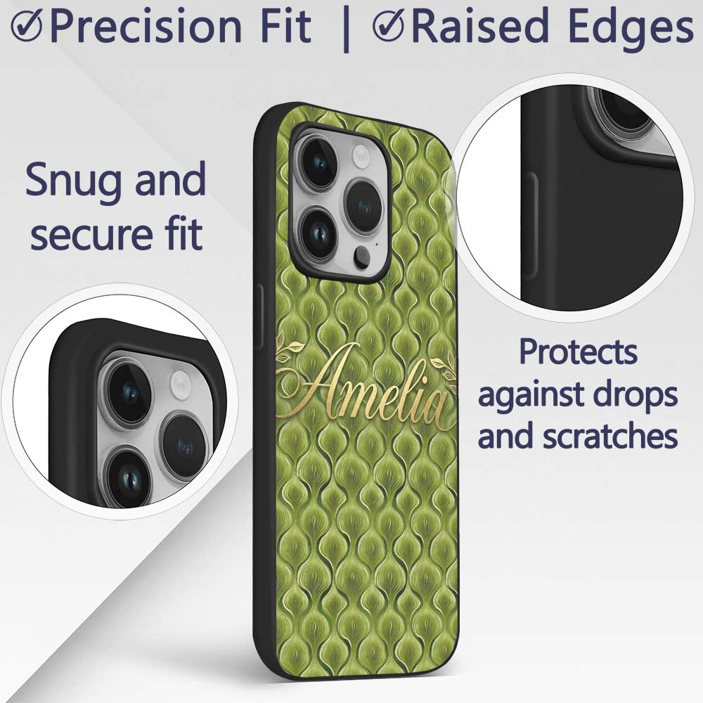 Classic Olive Green Ornamental Motif Seamless Custom Name Protective Phone Case Mobile Cover Durable Everyday Smartphone Shock Resistant