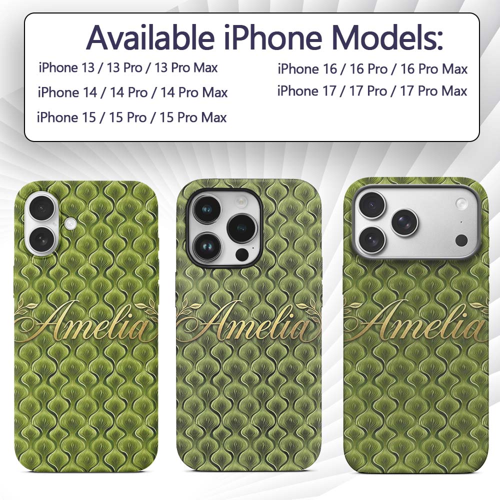 Classic Olive Green Ornamental Motif Seamless Custom Name Protective Phone Case Mobile Cover Durable Everyday Smartphone Shock Resistant