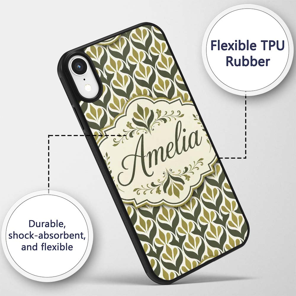 Olive and Black Floral Damask Seamless Pattern Custom Name Protective Phone Case Mobile Cover Durable Everyday Smartphone Shock Resistant