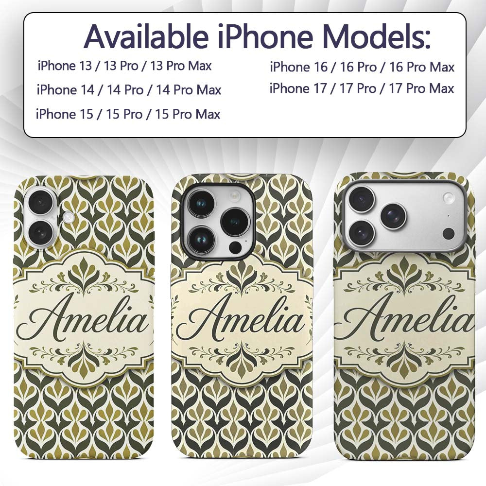 Olive and Black Floral Damask Seamless Pattern Custom Name Protective Phone Case Mobile Cover Durable Everyday Smartphone Shock Resistant