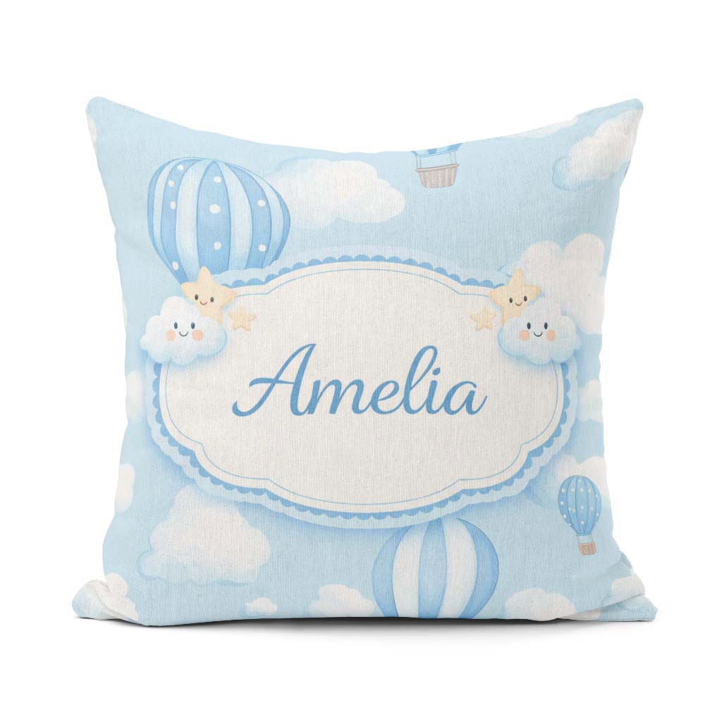 Custom Name Blue Hot Air Balloon Sky Pattern Cute Nursery Design Square Filled Cushion Throw Pillow Sofa Bed Home Decor Zip Washable UK Made