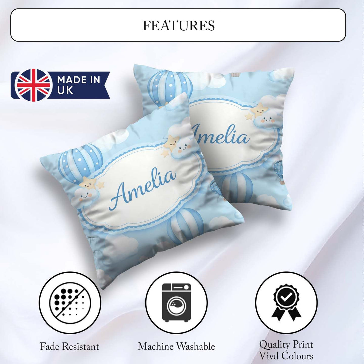 Custom Name Blue Hot Air Balloon Sky Pattern Cute Nursery Design Square Filled Cushion Throw Pillow Sofa Bed Home Decor Zip Washable UK Made