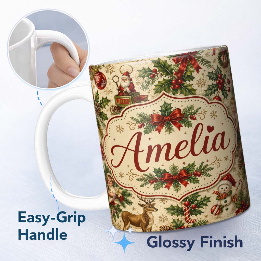 Personalized Custom Name Vintage Christmas Children Tree and Ornaments Nostalgic Holiday 11oz Ceramic Coffee Tea Mug White Large Handle
