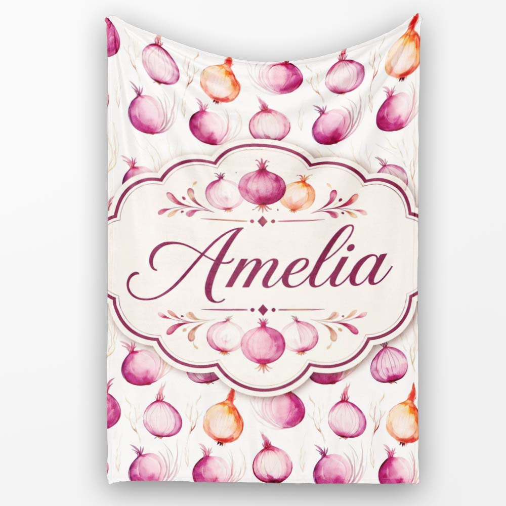 Watercolor Onion Repeat Pattern Pink and Orange Vegetable Personalised Custom Name Super Soft Fleece Blanket Bed Sofa Throw