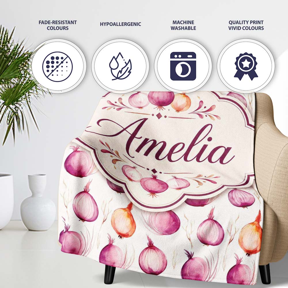 Watercolor Onion Repeat Pattern Pink and Orange Vegetable Personalised Custom Name Super Soft Fleece Blanket Bed Sofa Throw