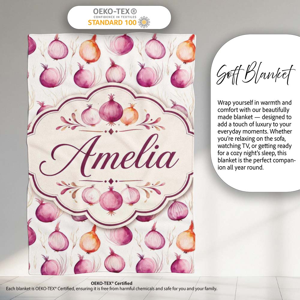 Watercolor Onion Repeat Pattern Pink and Orange Vegetable Personalised Custom Name Super Soft Fleece Blanket Bed Sofa Throw