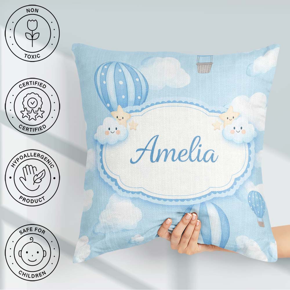 Custom Name Blue Hot Air Balloon Sky Pattern Cute Nursery Design Square Filled Cushion Throw Pillow Sofa Bed Home Decor Zip Washable UK Made