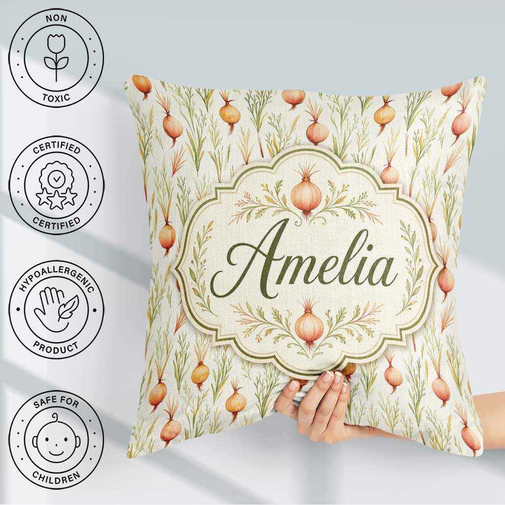 Custom Name Delicate Onion and Herb Seamless Pattern Soft Garden Square Filled Cushion Throw Pillow Sofa Bed Home Decor Zip Washable UK Made