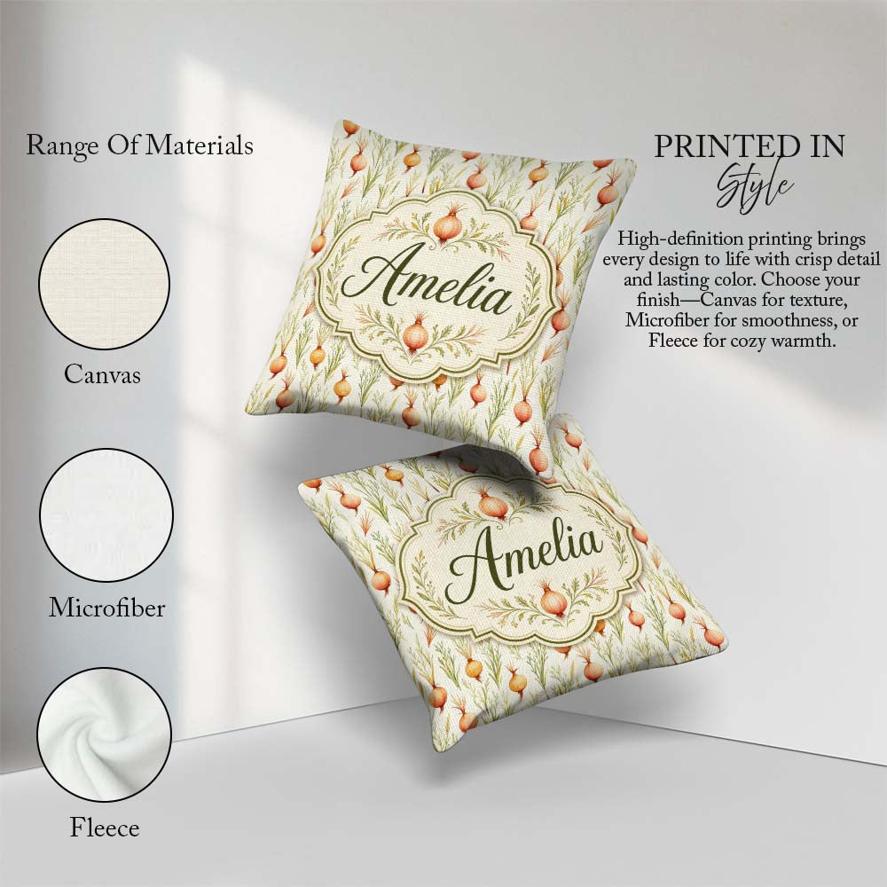 Custom Name Delicate Onion and Herb Seamless Pattern Soft Garden Square Filled Cushion Throw Pillow Sofa Bed Home Decor Zip Washable UK Made