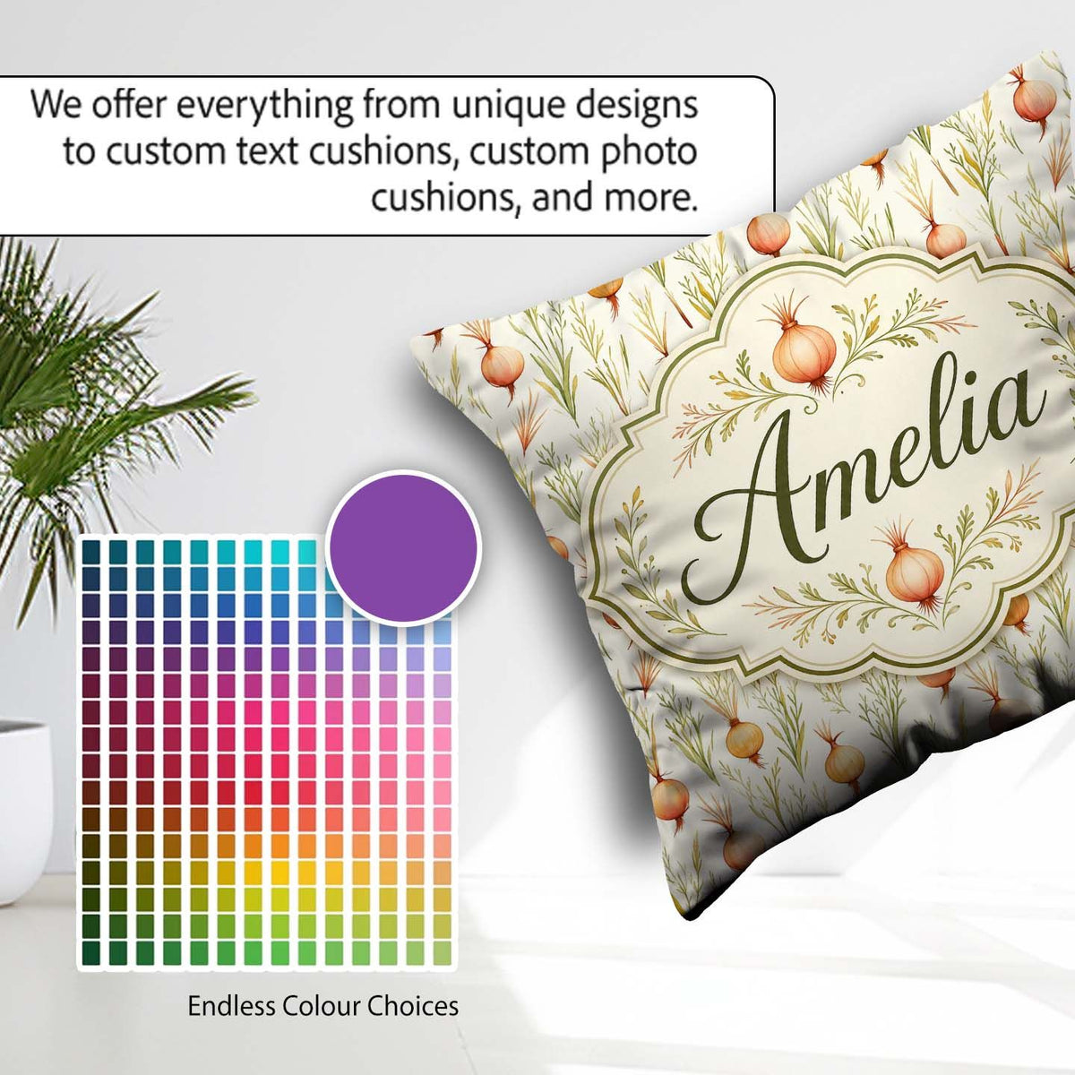Custom Name Delicate Onion and Herb Seamless Pattern Soft Garden Square Filled Cushion Throw Pillow Sofa Bed Home Decor Zip Washable UK Made