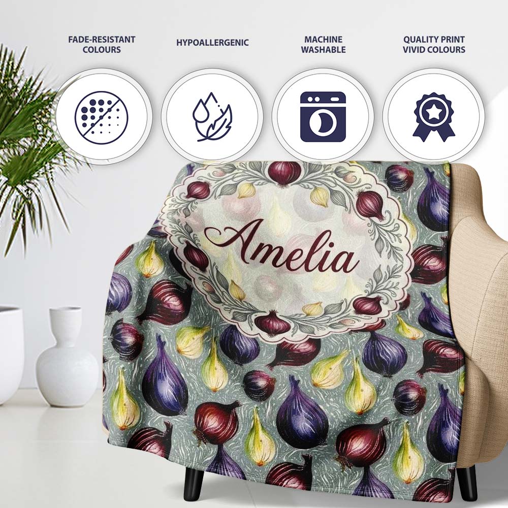 Colorful Onion Variety Seamless Pattern Rustic Farm Produce Design Personalised Custom Name Super Soft Fleece Blanket Bed Sofa Throw
