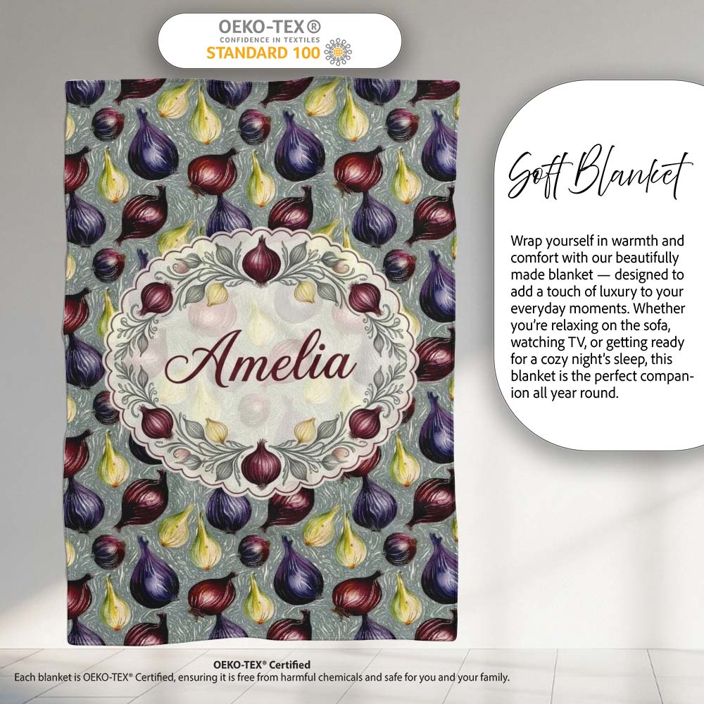 Colorful Onion Variety Seamless Pattern Rustic Farm Produce Design Personalised Custom Name Super Soft Fleece Blanket Bed Sofa Throw