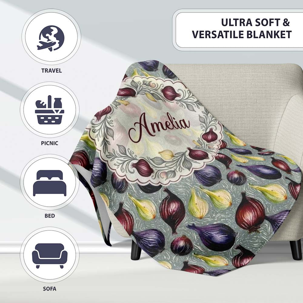 Colorful Onion Variety Seamless Pattern Rustic Farm Produce Design Personalised Custom Name Super Soft Fleece Blanket Bed Sofa Throw