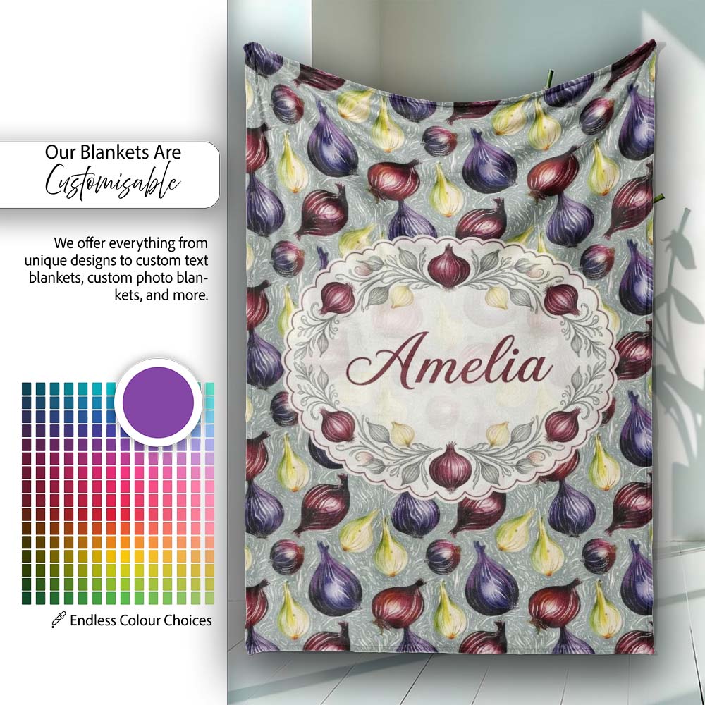 Colorful Onion Variety Seamless Pattern Rustic Farm Produce Design Personalised Custom Name Super Soft Fleece Blanket Bed Sofa Throw