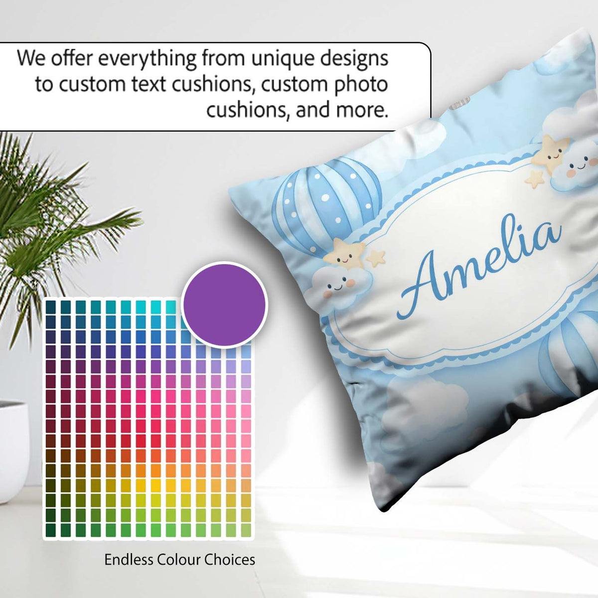 Custom Name Blue Hot Air Balloon Sky Pattern Cute Nursery Design Square Filled Cushion Throw Pillow Sofa Bed Home Decor Zip Washable UK Made