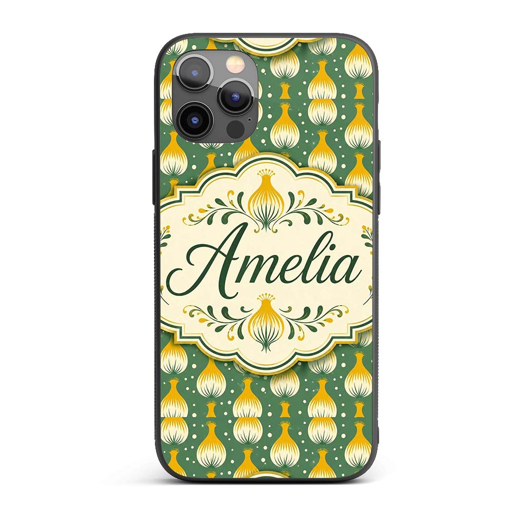 Geometric Onion Motif Pattern Green Background Custom Name Protective Phone Case Mobile Cover Durable Everyday Smartphone Shock Resistant