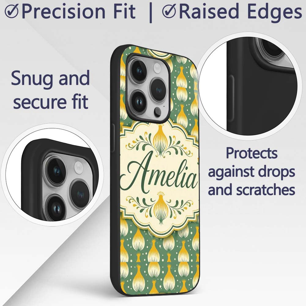 Geometric Onion Motif Pattern Green Background Custom Name Protective Phone Case Mobile Cover Durable Everyday Smartphone Shock Resistant