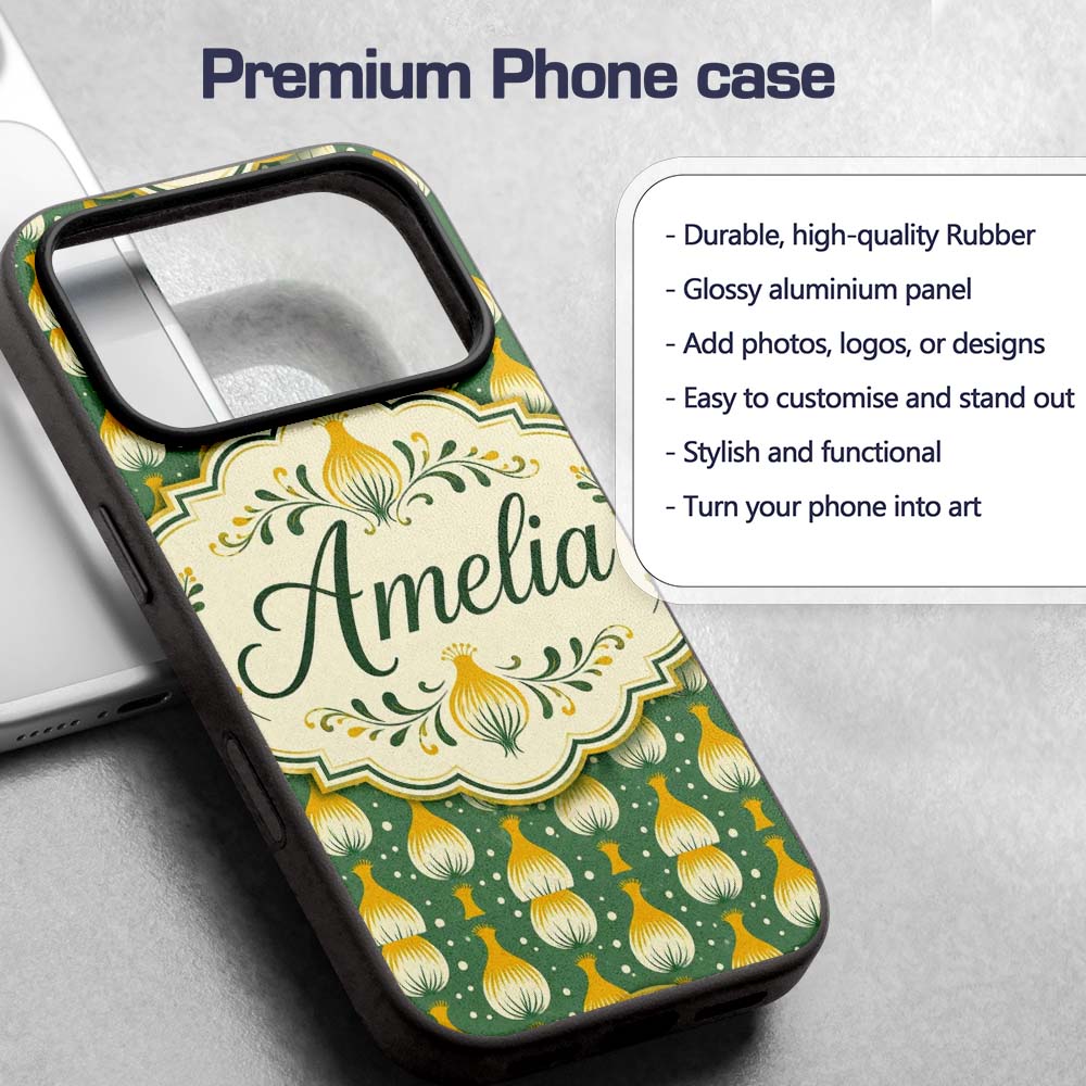 Geometric Onion Motif Pattern Green Background Custom Name Protective Phone Case Mobile Cover Durable Everyday Smartphone Shock Resistant