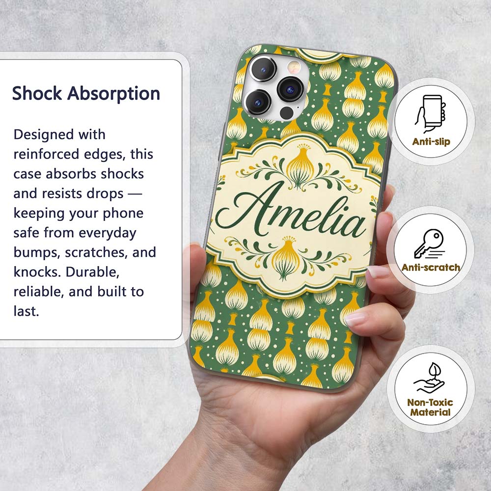 Geometric Onion Motif Pattern Green Background Custom Name Protective Phone Case Mobile Cover Durable Everyday Smartphone Shock Resistant