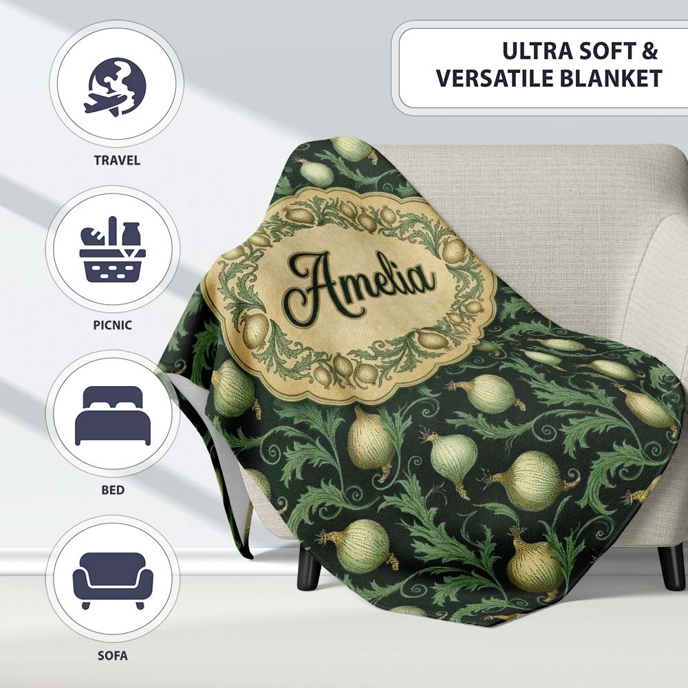 Dark Green Ornate Onion Botanical Pattern Vintage Floral Style Personalised Custom Name Super Soft Fleece Blanket Bed Sofa Throw