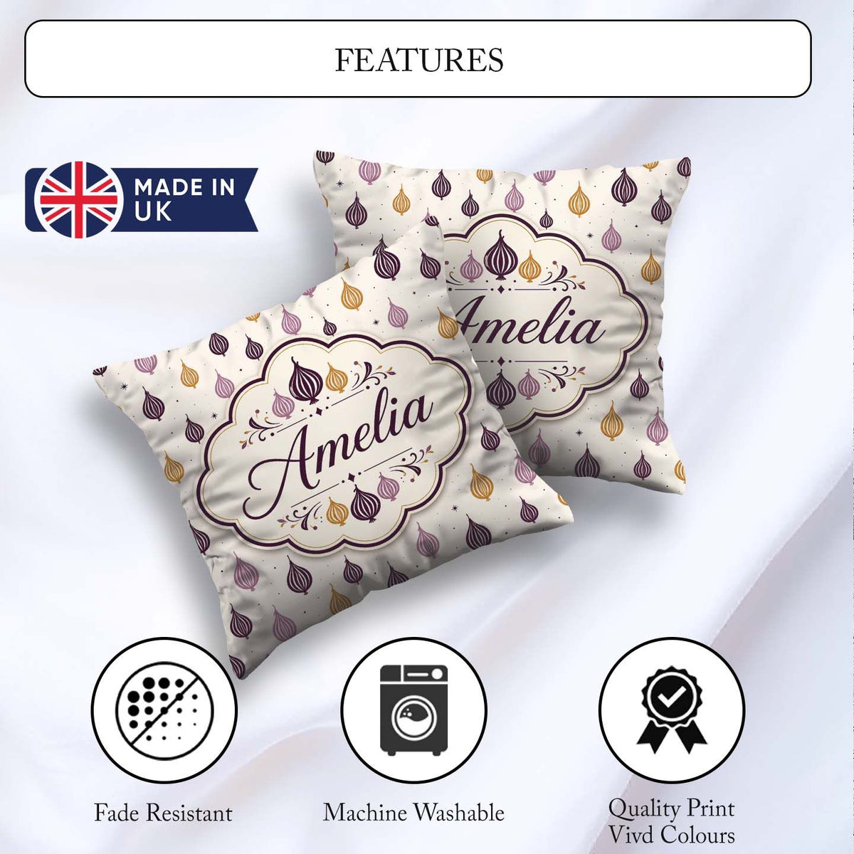 Custom Name Small Scale Onion Repeat Pattern and Mustard Minimal Square Filled Cushion Throw Pillow Sofa Bed Home Decor Zip Washable UK Made