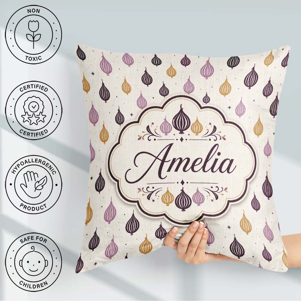 Custom Name Small Scale Onion Repeat Pattern and Mustard Minimal Square Filled Cushion Throw Pillow Sofa Bed Home Decor Zip Washable UK Made
