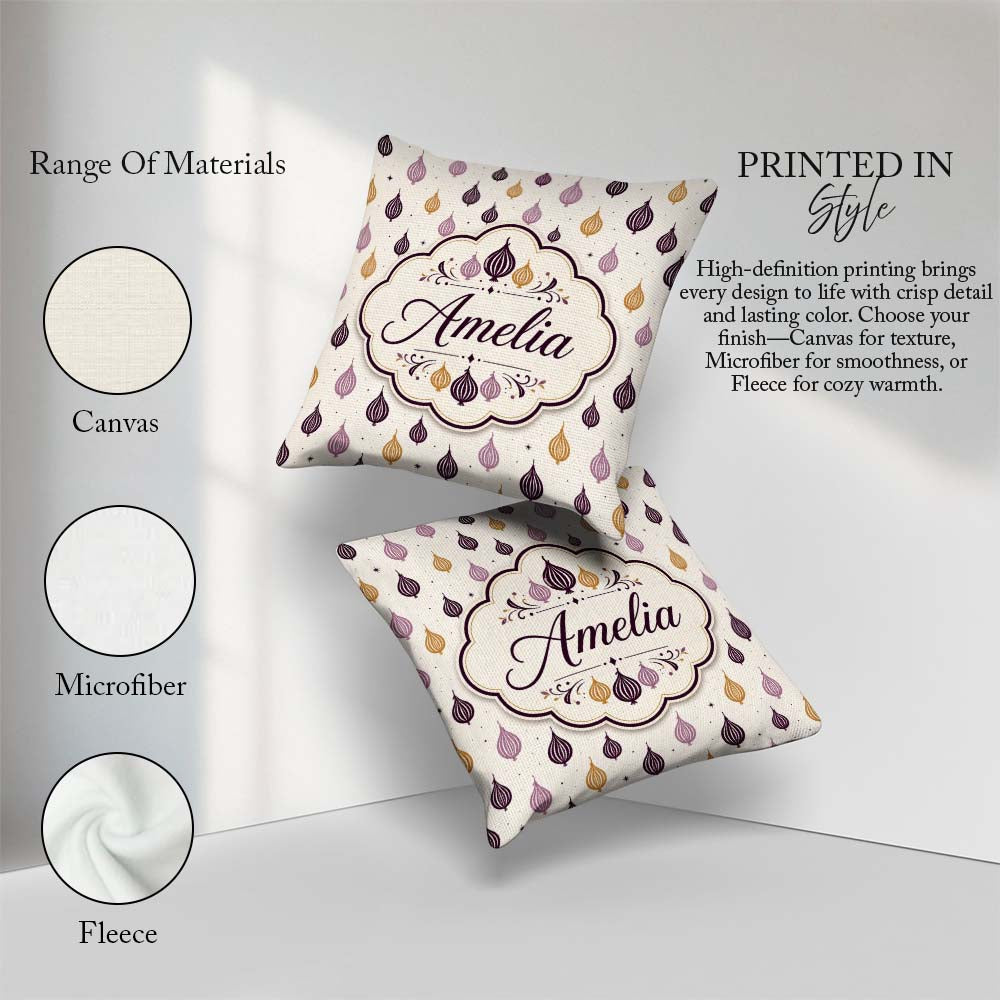 Custom Name Small Scale Onion Repeat Pattern and Mustard Minimal Square Filled Cushion Throw Pillow Sofa Bed Home Decor Zip Washable UK Made