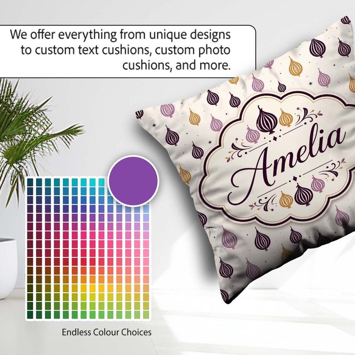 Custom Name Small Scale Onion Repeat Pattern and Mustard Minimal Square Filled Cushion Throw Pillow Sofa Bed Home Decor Zip Washable UK Made