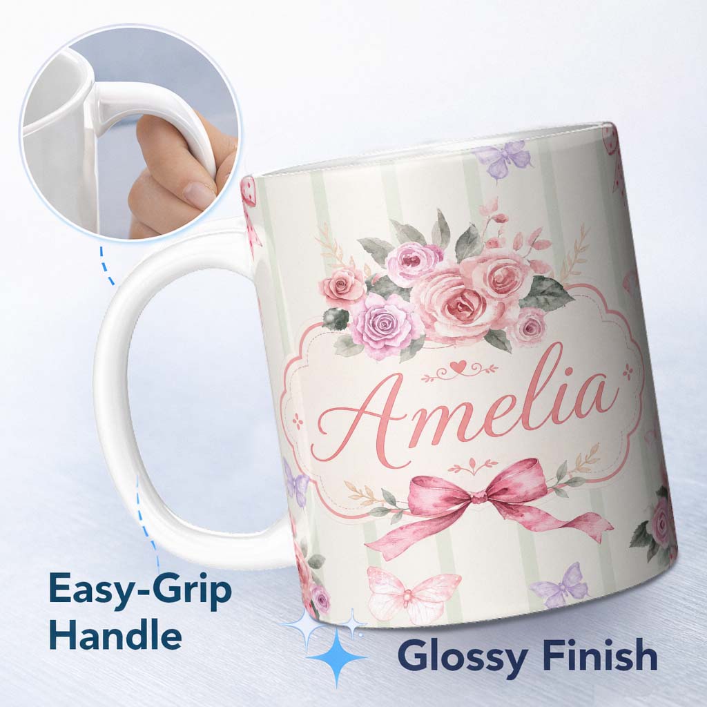 Personalized Custom Name Elegant Watercolor Rose Bouquet Ribbon Butterfly Sage Stripe Lovely 11oz Ceramic Coffee Tea Mug White Large Handle
