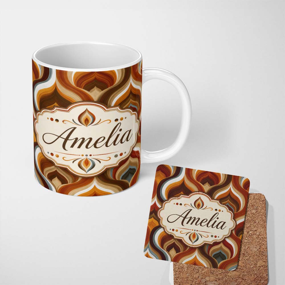Personalized Custom Name Modern Abstract Rounded Square Pattern in Soft Muted Colors Lovely 11oz Ceramic Coffee Tea Mug White Large Handle