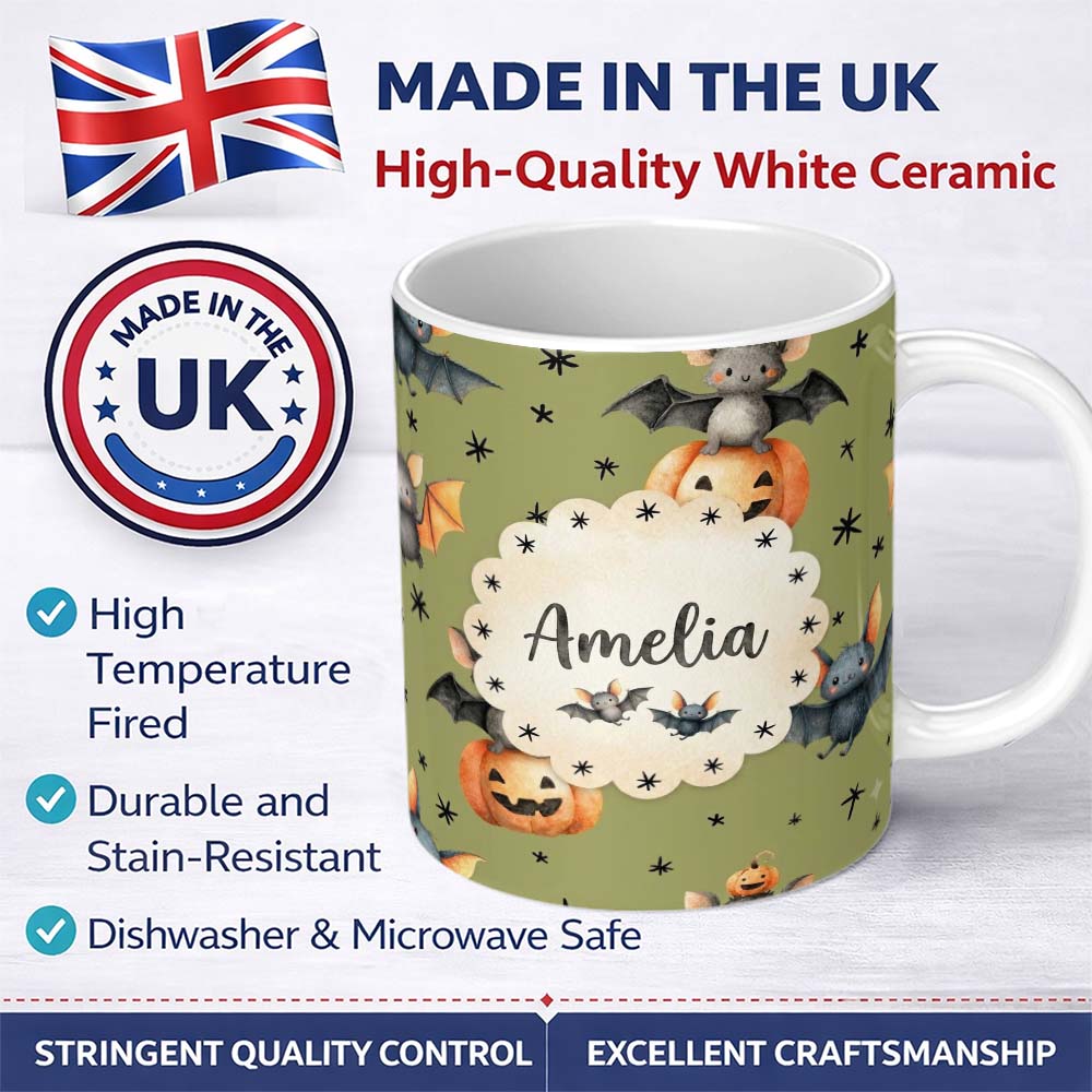 Personalized Custom Name Cute Halloween Bats Sitting on Pumpkins with Stars Olive Background 11oz Ceramic Coffee Tea Mug White Large Handle