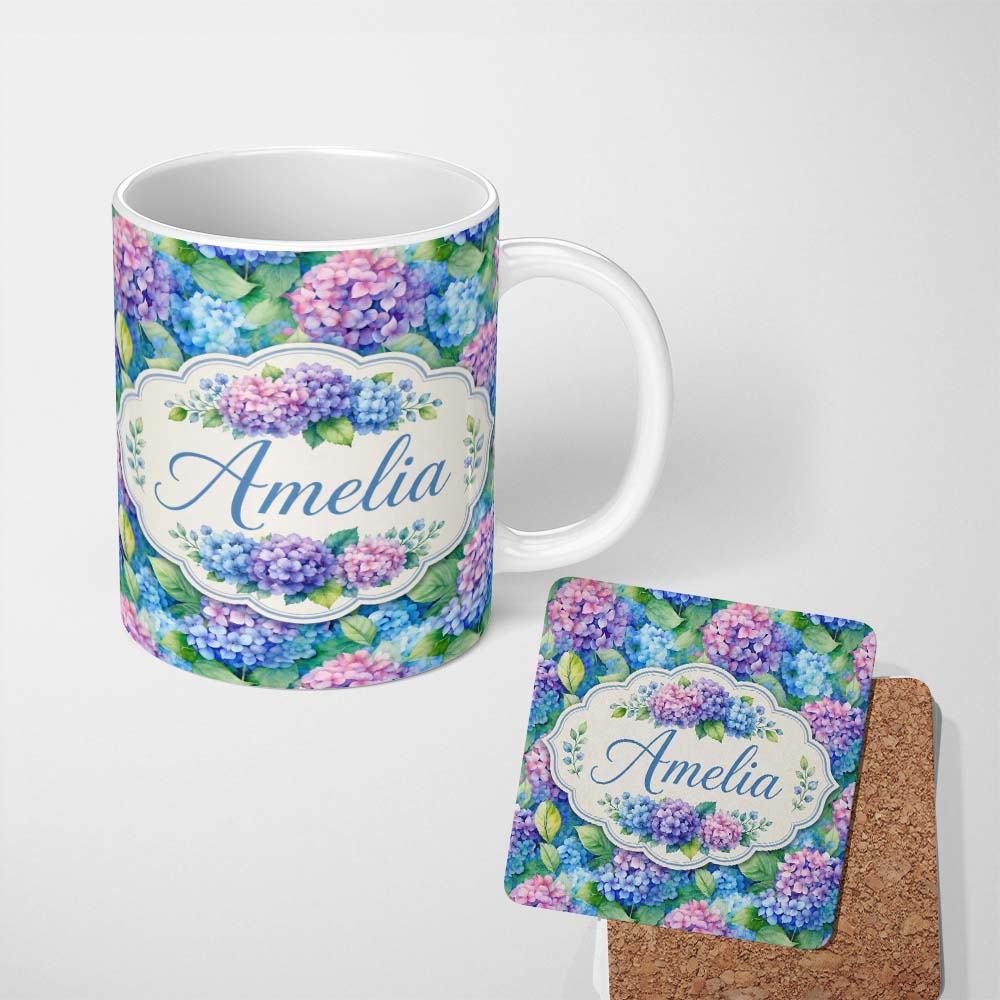 Personalized Custom Name Vibrant Blue Pink Hydrangea Garden Floral Seamless Pattern Lovely 11oz Ceramic Coffee Tea Mug White Large Handle
