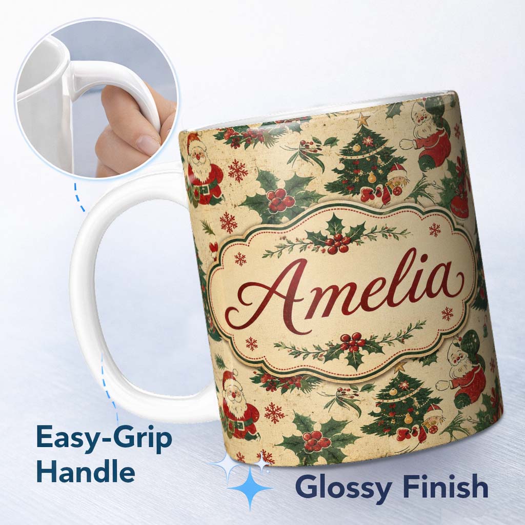 Personalized Custom Name Cute Santa Claus Christmas Trees Holly Seamless Pattern Festive 11oz Ceramic Coffee Tea Mug White Large Handle
