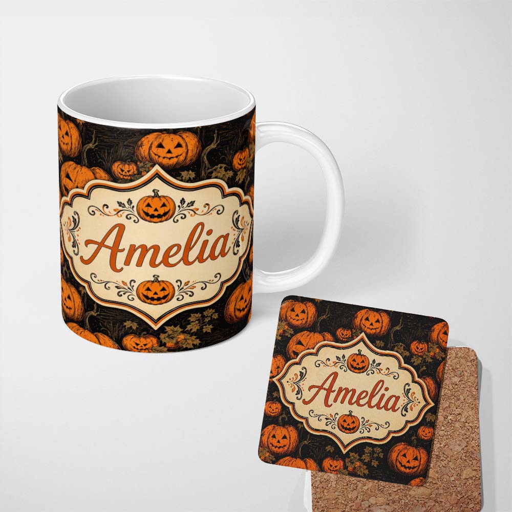 Personalized Custom Name Bold Halloween Pumpkin Illustration Pattern on Black with Autumn 11oz Ceramic Coffee Tea Mug White Large Handle