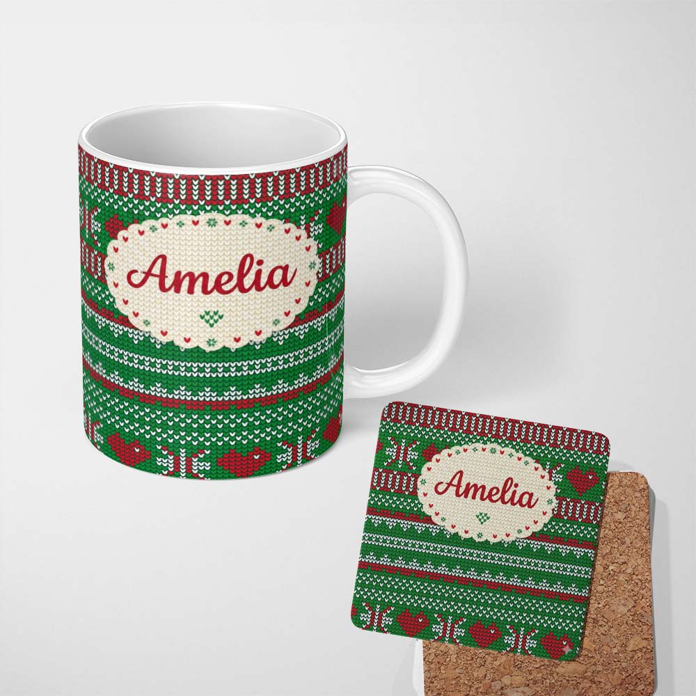 Personalized Custom Name Green Red White Classic Nordic Knit Stripe Seamless Pattern Lovely 11oz Ceramic Coffee Tea Mug White Large Handle