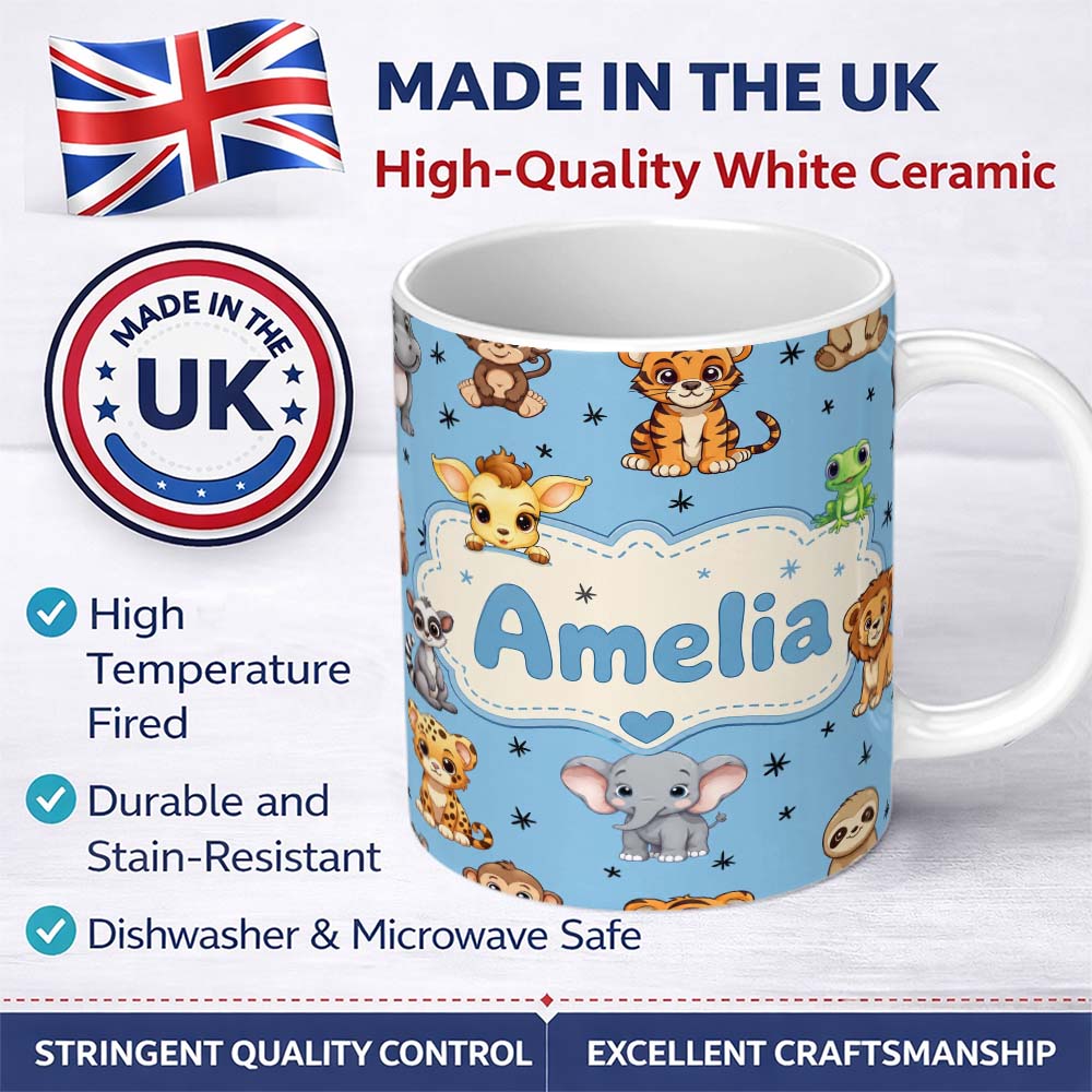 Personalized Custom Name Cute Cartoon Safari Animals with Stars on Blue Background Nursery 11oz Ceramic Coffee Tea Mug White Large Handle