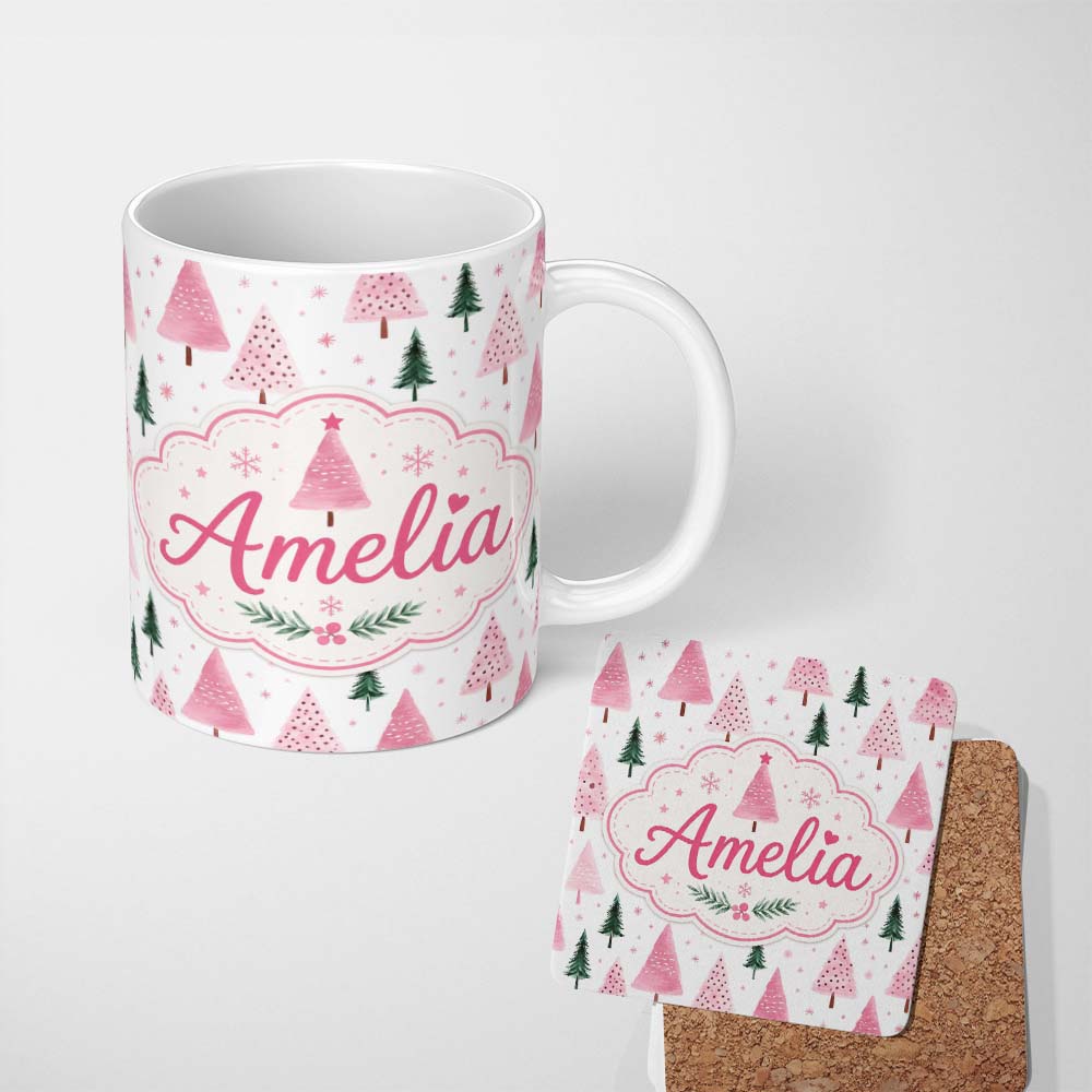 Personalized Custom Name Watercolor Pink Green Christmas Trees Seamless Pattern Lovely 11oz Ceramic Coffee Tea Mug White Large Handle