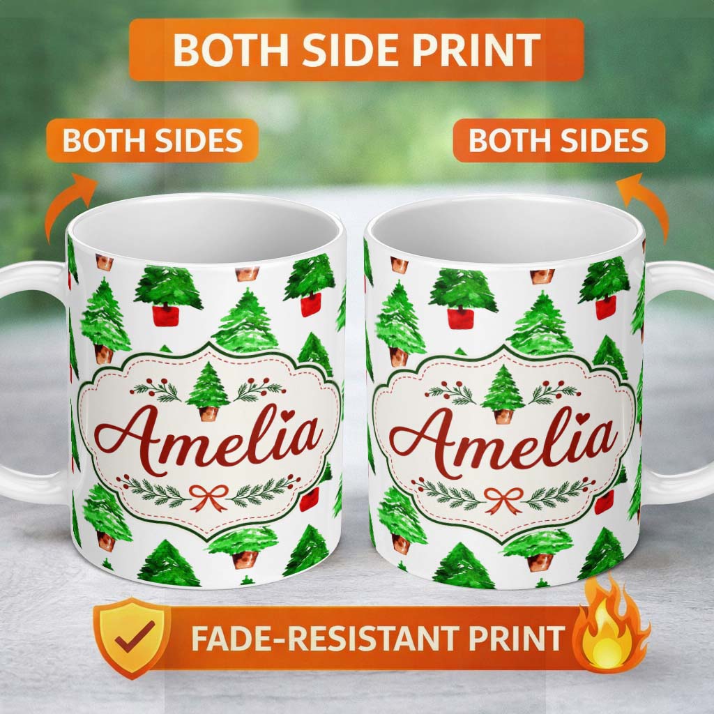 Personalized Custom Name Watercolor Christmas Tree in Pots Hand Painted Seamless Pattern 11oz Ceramic Coffee Tea Mug White Large Handle