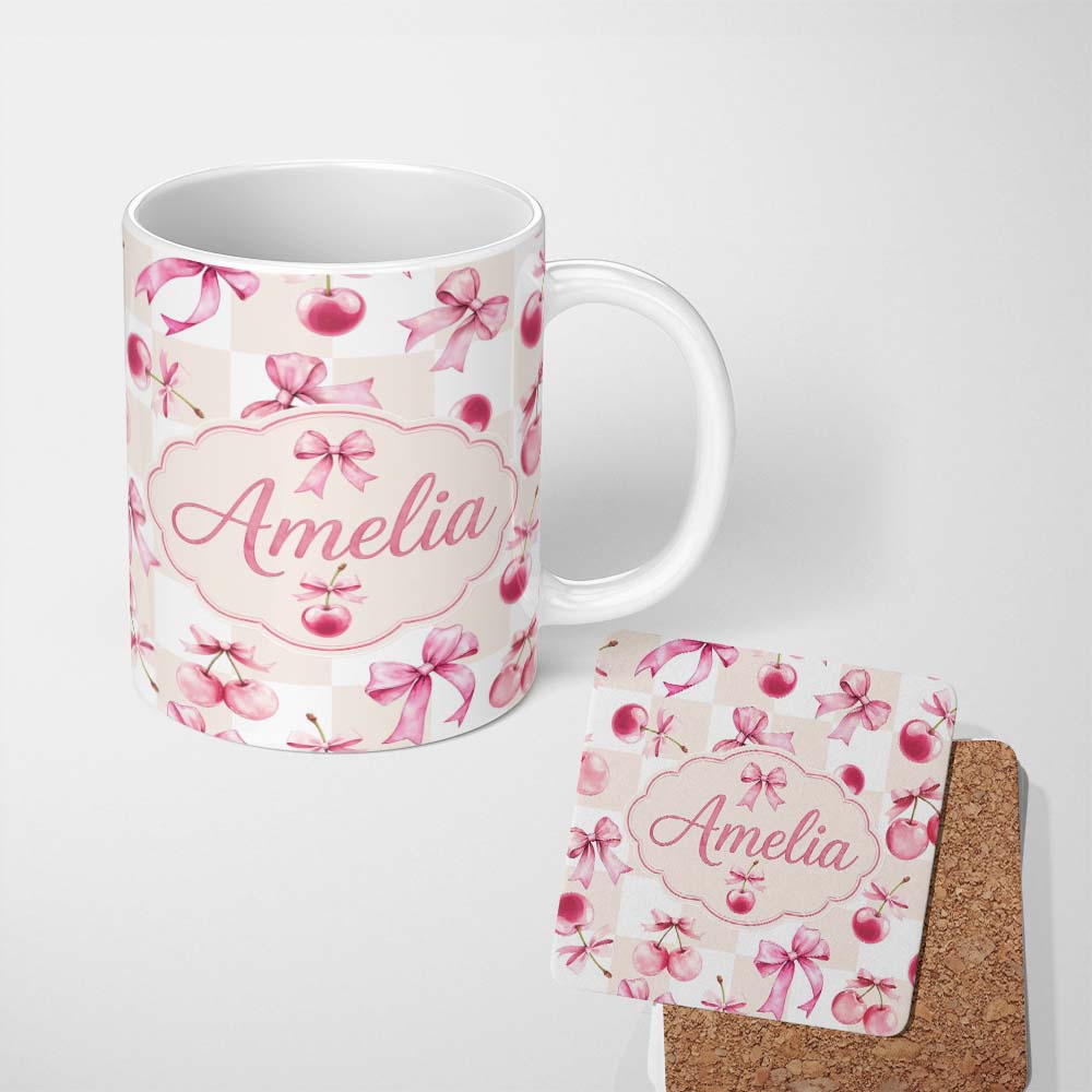Personalized Custom Name Watercolor Cherry Bow Ribbon Neutral Beige Gingham Seamless Pattern 11oz Ceramic Coffee Tea Mug White Large Handle