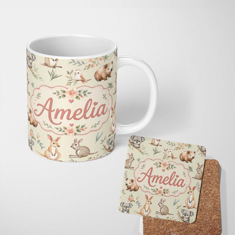 Personalized Custom Name Cute Woodland Animals Koala Kangaroo Bear Floral Pattern Cream 11oz Ceramic Coffee Tea Mug White Large Handle